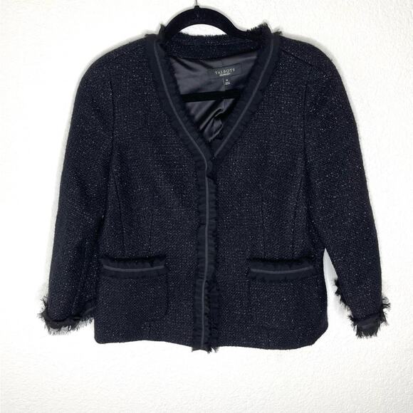Talbots Collection Black Tweed shimmer  Fringed RUFFLE WOOL Jacket Sz 10 - Picture 1 of 6